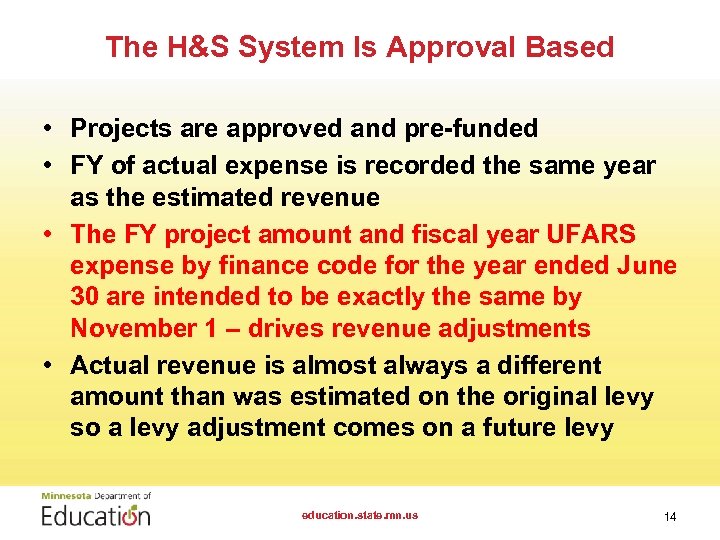 The H&S System Is Approval Based • Projects are approved and pre-funded • FY