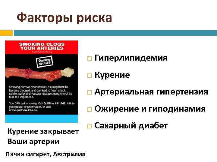 Факторы риска Артериальная гипертензия Пачка сигарет, Австралия Курение закрывает Ваши артерии Гиперлипидемия Ожирение и