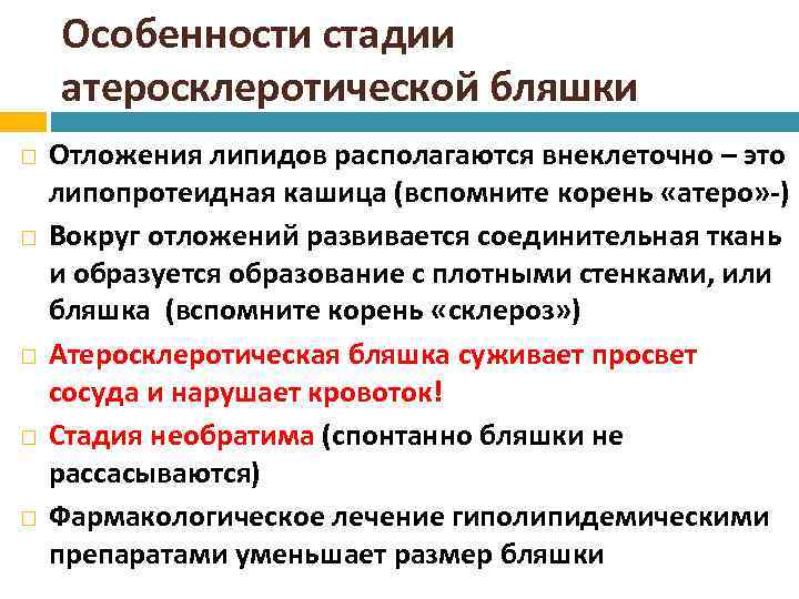 Особенности стадии атеросклеротической бляшки Отложения липидов располагаются внеклеточно – это липопротеидная кашица (вспомните корень