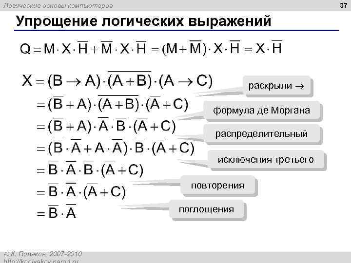 37 Логические основы компьютеров Упрощение логических выражений раскрыли формула де Моргана распределительный исключения третьего