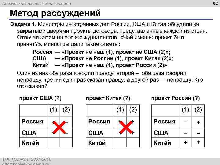 62 Логические основы компьютеров Метод рассуждений Задача 1. Министры иностранных дел России, США и