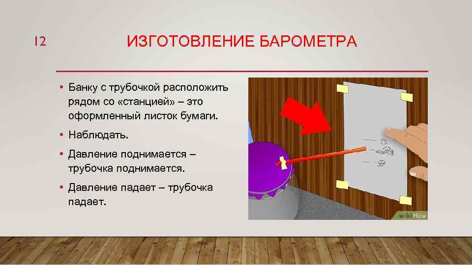 12 ИЗГОТОВЛЕНИЕ БАРОМЕТРА • Банку с трубочкой расположить рядом со «станцией» – это оформленный