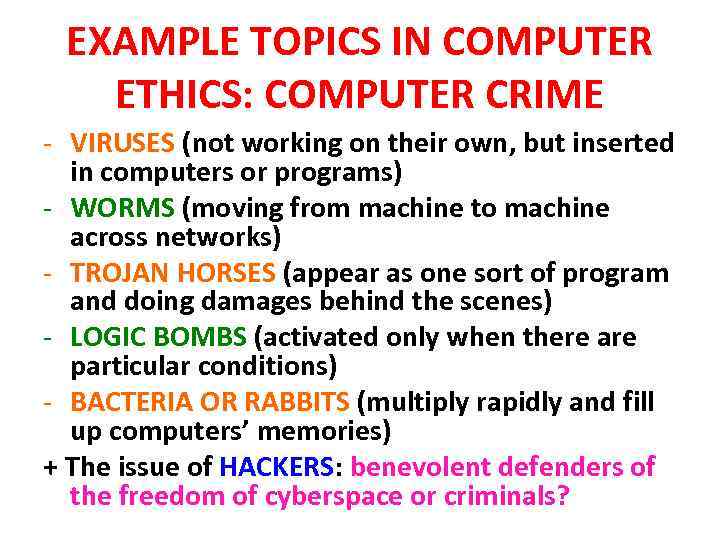 EXAMPLE TOPICS IN COMPUTER ETHICS: COMPUTER CRIME - VIRUSES (not working on their own,