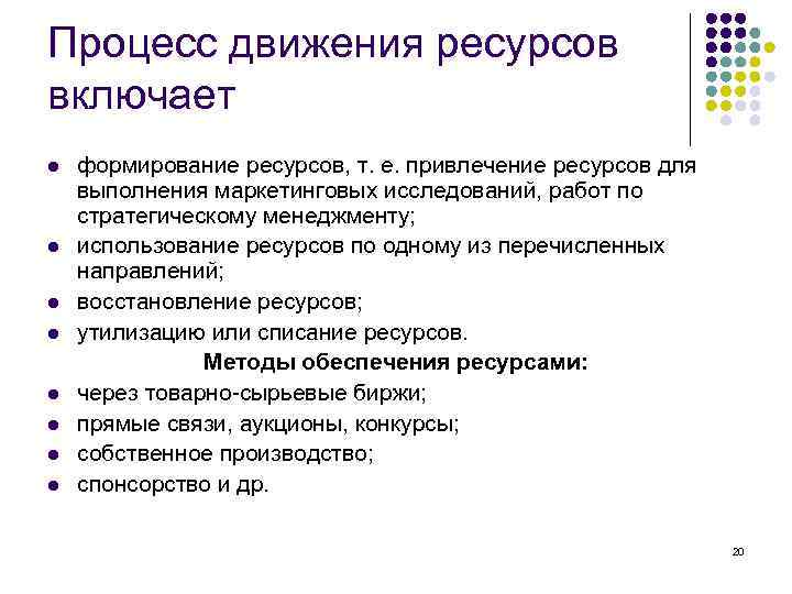 Процесс движения ресурсов включает l l l l формирование ресурсов, т. е. привлечение ресурсов