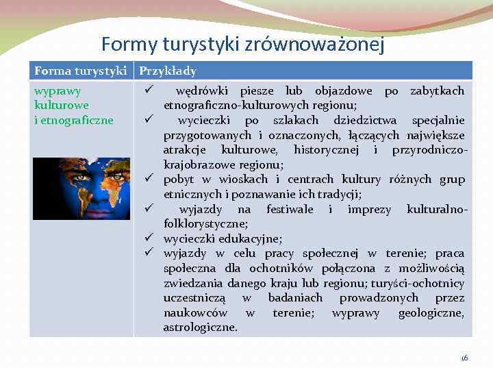 Formy turystyki zrównoważonej Forma turystyki Przykłady wyprawy kulturowe i etnograficzne ü wędrówki piesze lub