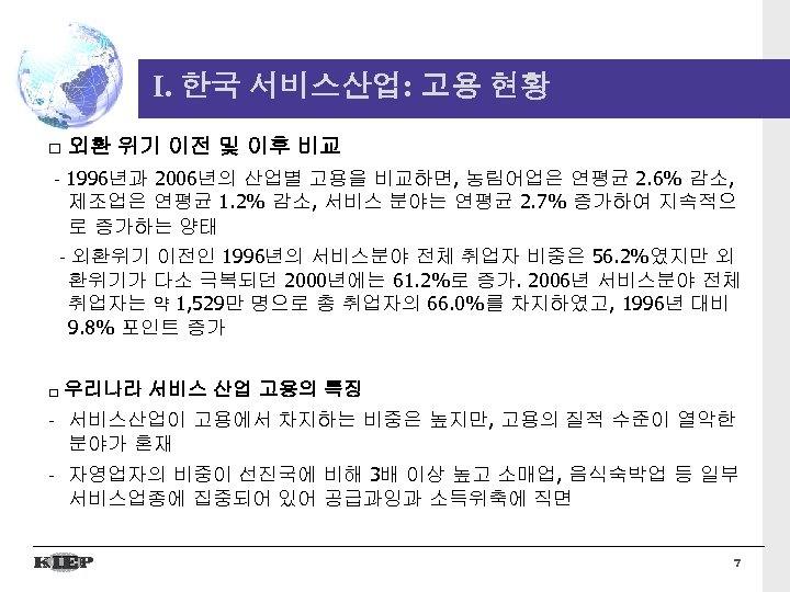 I. 한국 서비스산업: 고용 현황 □ 외환 위기 이전 및 이후 비교 - 1996년과