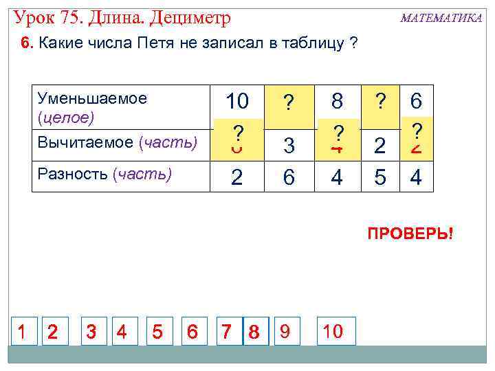 Урок 75. Длина. Дециметр МАТЕМАТИКА 6. Какие числа Петя не записал в таблицу ?