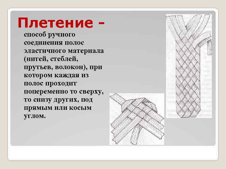 Плетение способ ручного соединения полос эластичного материала (нитей, стеблей, прутьев, волокон), при котором каждая