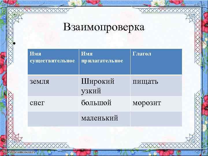 Взаимопроверка • Имя существительное Имя прилагательное Глагол земля Широкий узкий большой пищать снег маленький
