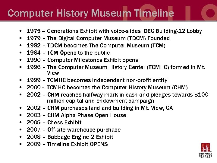 Computer History Museum Timeline • • • • 1975 -- Generations Exhibit with voice-slides,