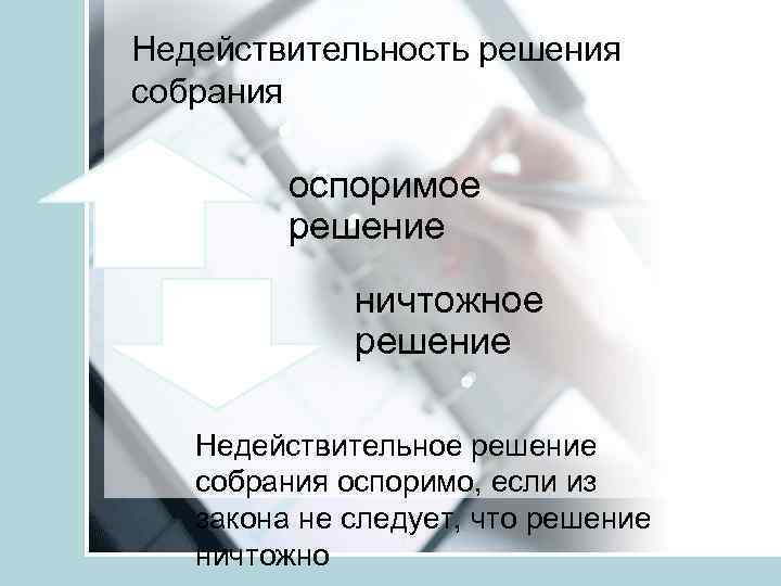 Недействительность решения собрания оспоримое решение ничтожное решение Недействительное решение собрания оспоримо, если из закона