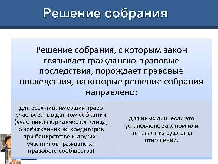 Решение собрания, с которым закон связывает гражданско-правовые последствия, порождает правовые последствия, на которые решение