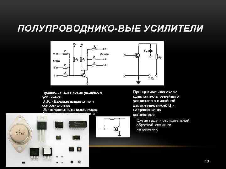 ПОЛУПРОВОДНИКО ВЫЕ УСИЛИТЕЛИ Принципиальная схема релейного усилителя: Uб. Rб базовые напряжение и сопротивление; Uk