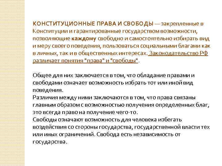 КОНСТИТУЦИОННЫЕ ПРАВА И СВОБОДЫ — закрепленные в Конституции и гарантированные государством возможности, позволяющие каждому