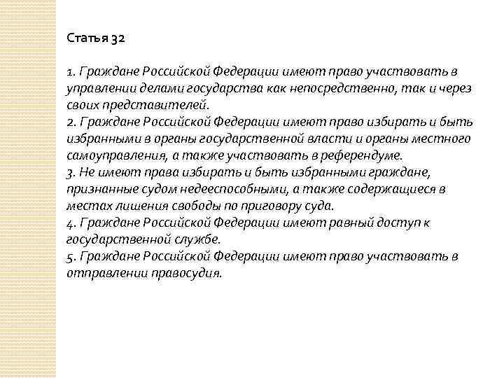 Статья 32 1. Граждане Российской Федерации имеют право участвовать в управлении делами государства как