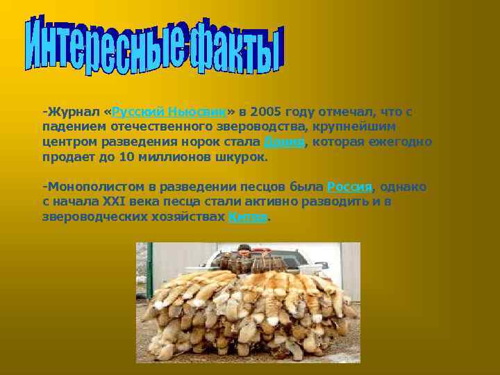 -Журнал «Русский Ньюсвик» в 2005 году отмечал, что с падением отечественного звероводства, крупнейшим центром
