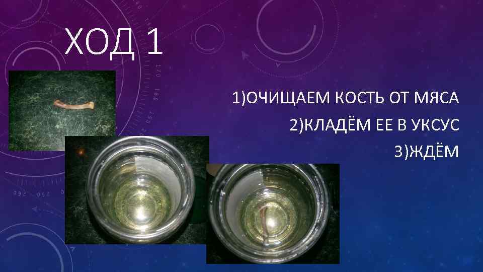 ХОД 1 1)ОЧИЩАЕМ КОСТЬ ОТ МЯСА 2)КЛАДЁМ ЕЕ В УКСУС 3)ЖДЁМ 
