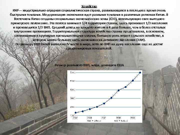 Хозяйство КНР— индустриально-аграрная социалистическая страна, развивающаяся в последнее время очень быстрыми темпами. Модернизация экономики