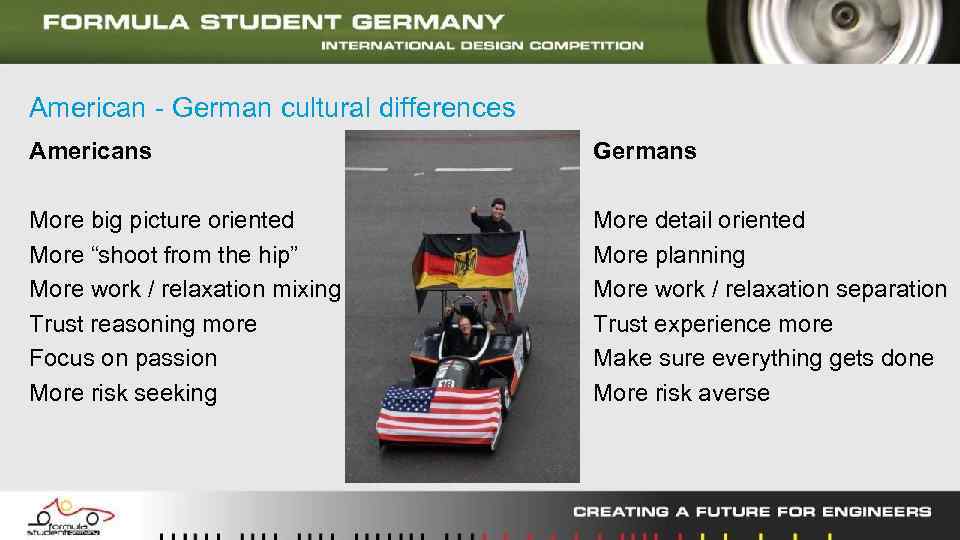 American - German cultural differences Americans Germans More big picture oriented More “shoot from