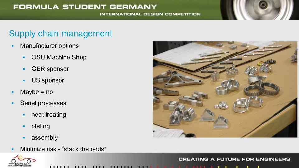 Supply chain management ▪ Manufacturer options ▪ OSU Machine Shop ▪ GER sponsor ▪