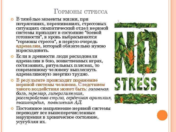 ГОРМОНЫ СТРЕССА В тяжёлые моменты жизни, при потрясениях, переживаниях, стрессовых ситуациях симпатический отдел нервной