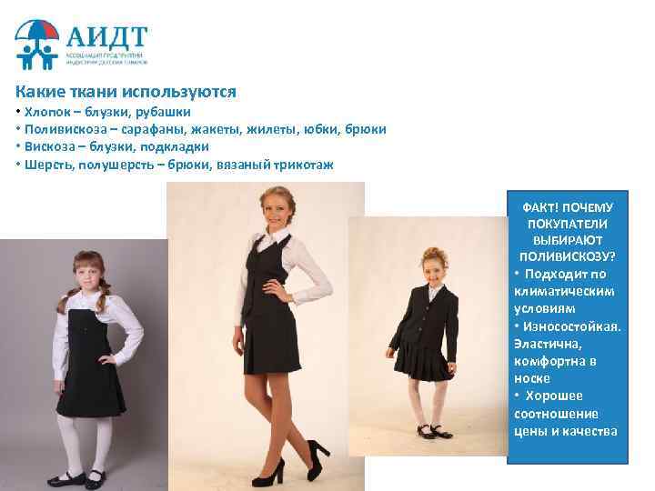 Какие ткани используются • Хлопок – блузки, рубашки • Поливискоза – сарафаны, жакеты, жилеты,
