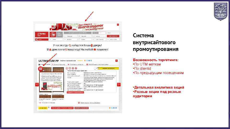 Система внутрисайтового промоутирования Возможность таргетинга: • По UTM меткам • По clientid • По
