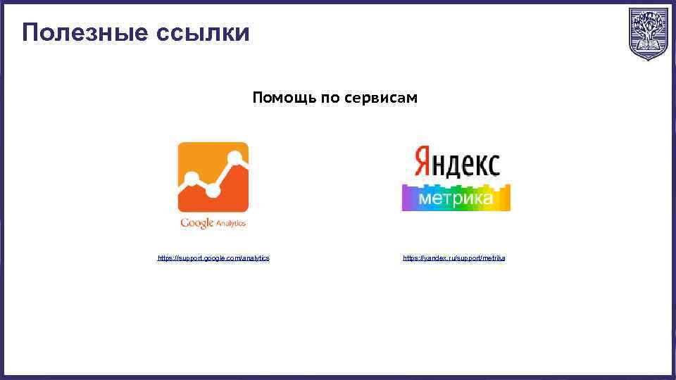 Полезные ссылки Помощь по сервисам https: //support. google. com/analytics https: //yandex. ru/support/metrika 