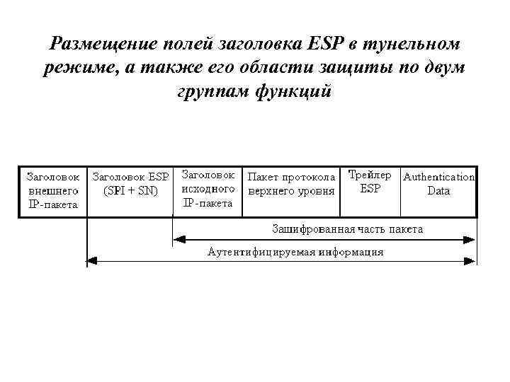 Размещение полей заголовка ESP в тунельном режиме, а также его области защиты по двум