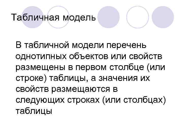 Табличная модель В табличной модели перечень однотипных объектов или свойств размещены в первом столбце