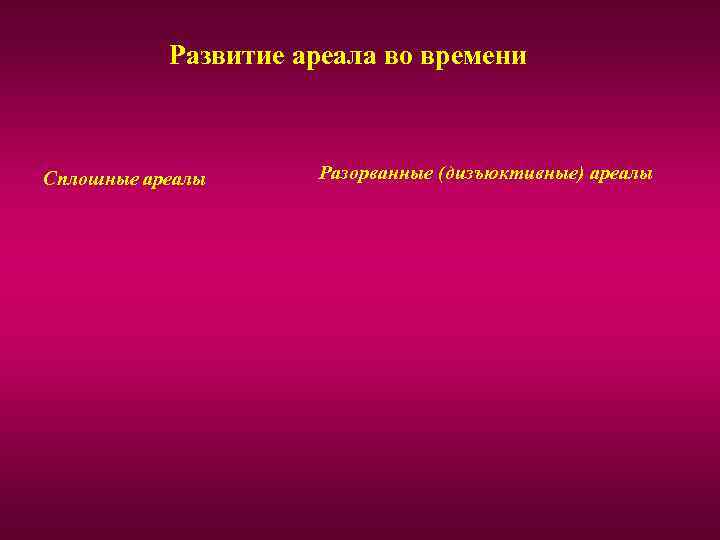 Развитие ареала во времени Сплошные ареалы Разорванные (дизъюктивные) ареалы 