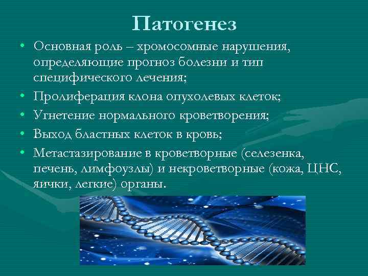 Патогенез • Основная роль – хромосомные нарушения, определяющие прогноз болезни и тип специфического лечения;