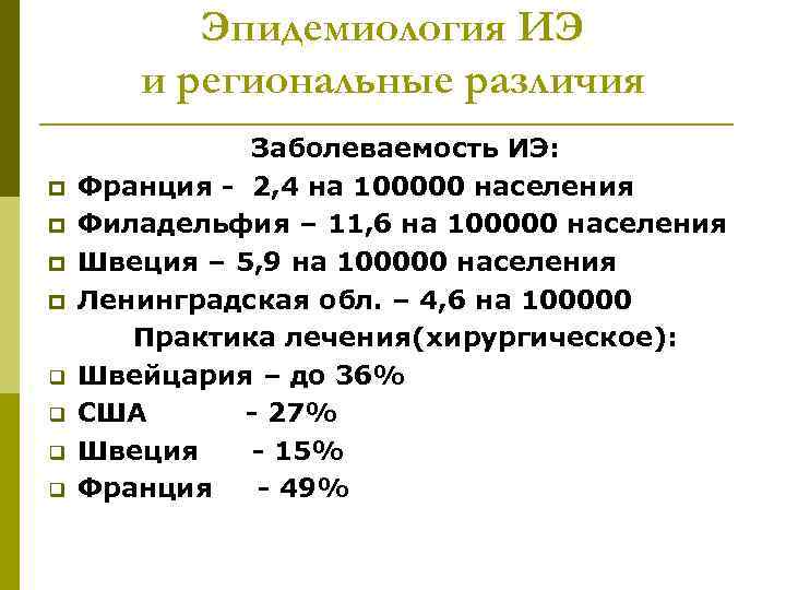 Эпидемиология ИЭ и региональные различия p p q q Заболеваемость ИЭ: Франция - 2,