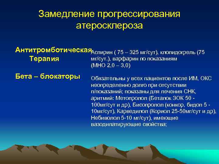 Замедление прогрессирования атеросклероза Антитромботическая. Аспирин ( 75 – 325 мг/сут), клопидогрель (75 мг/сут. ),
