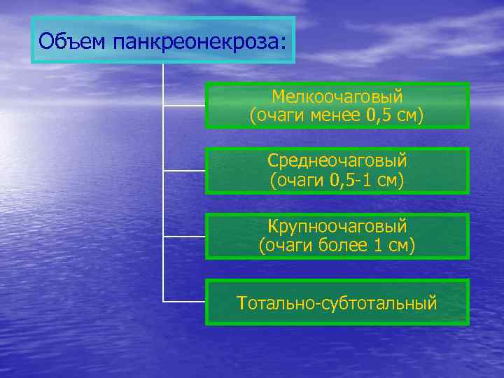 Объем панкреонекроза: Мелкоочаговый (очаги менее 0, 5 см) Среднеочаговый (очаги 0, 5 -1 см)