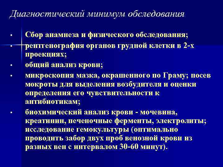 Диагностический минимум обследования • • • Сбор анамнеза и физического обследования; рентгенография органов грудной