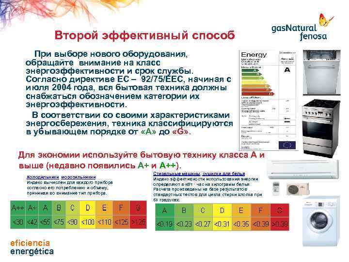 Второй эффективный способ При выборе нового оборудования, обращайте внимание на класс энергоэффективности и срок