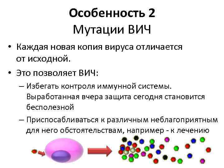 Особенность 2 Мутации ВИЧ • Каждая новая копия вируса отличается от исходной. • Это