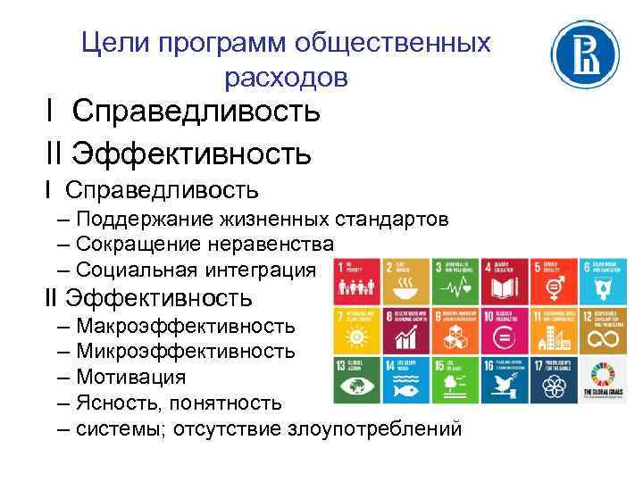Цели программ общественных расходов I Справедливость II Эффективность I Справедливость – Поддержание жизненных стандартов