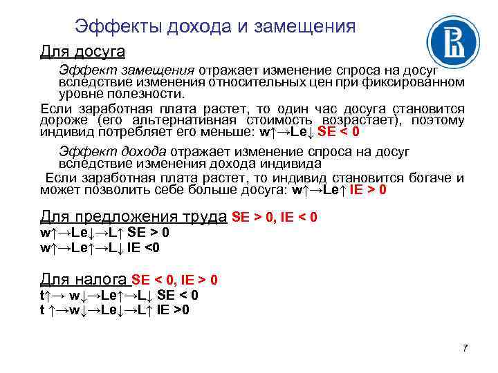 Эффекты дохода и замещения Для досуга Эффект замещения отражает изменение спроса на досуг вследствие