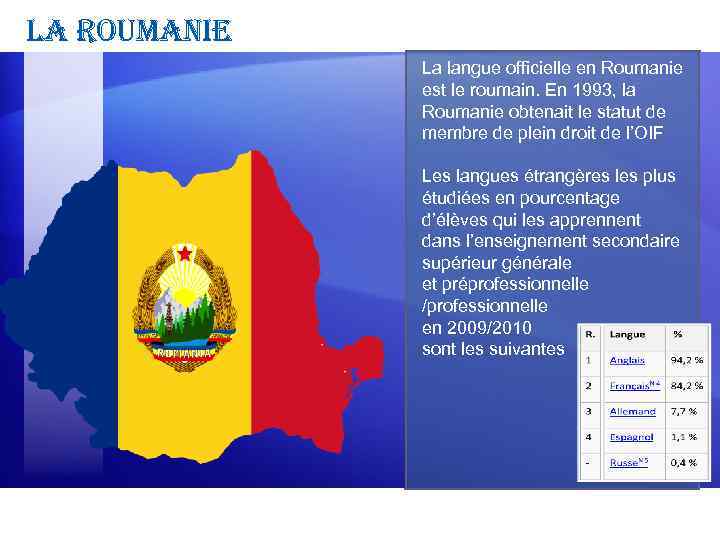 la roumanie La langue officielle en Roumanie est le roumain. En 1993, la Roumanie