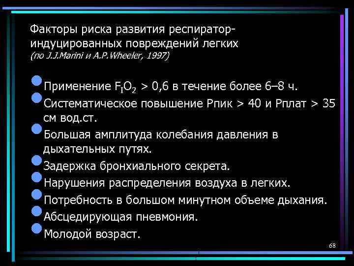 Факторы риска развития респираториндуцированных повреждений легких (по J. J. Marini и A. P. Wheeler,