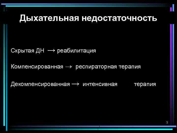 Дыхательная недостаточность Скрытая ДН → реабилитация Компенсированная → респираторная терапия Декомпенсированная → интенсивная терапия