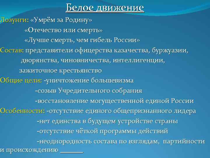 Белое движение Лозунги: «Умрём за Родину» «Отечество или смерть» «Лучше смерть, чем гибель России»