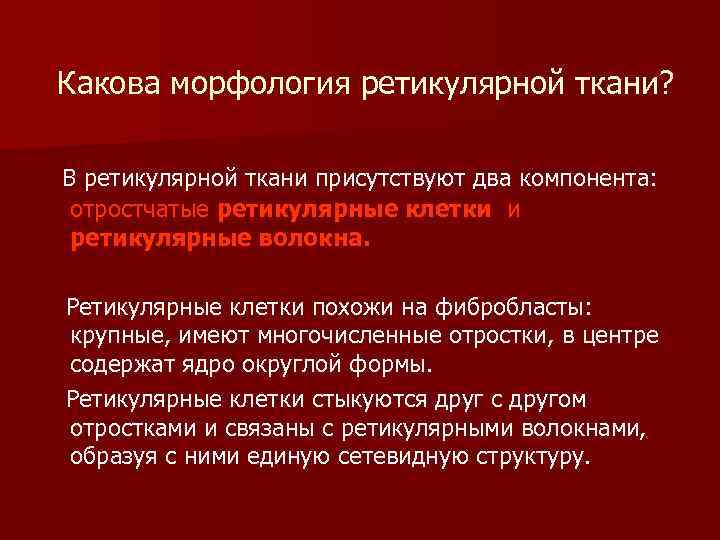 Какова морфология ретикулярной ткани? В ретикулярной ткани присутствуют два компонента: отростчатые ретикулярные клетки и