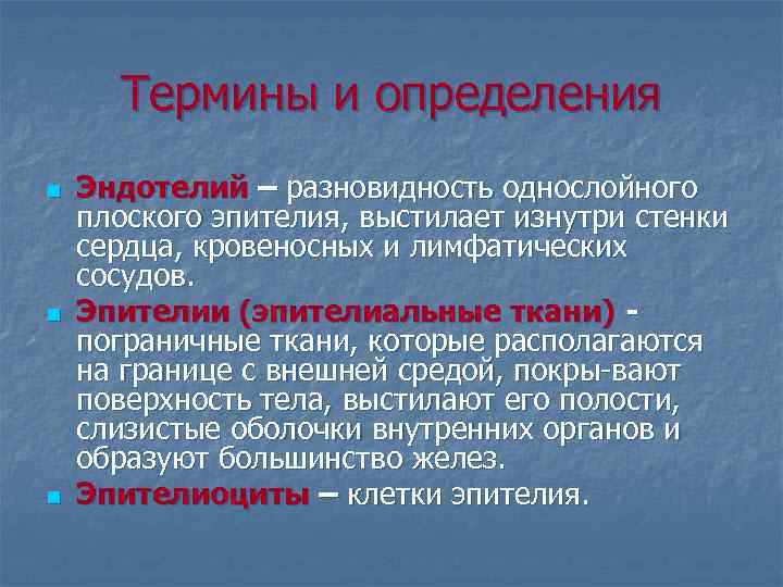 Термины и определения n n n Эндотелий – разновидность однослойного плоского эпителия, выстилает изнутри