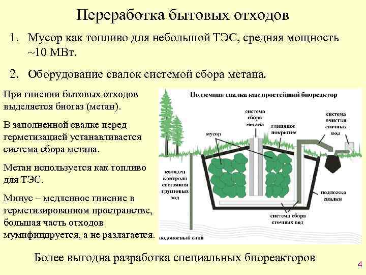 Переработка бытовых отходов 1. Мусор как топливо для небольшой ТЭС, средняя мощность ~10 МВт.