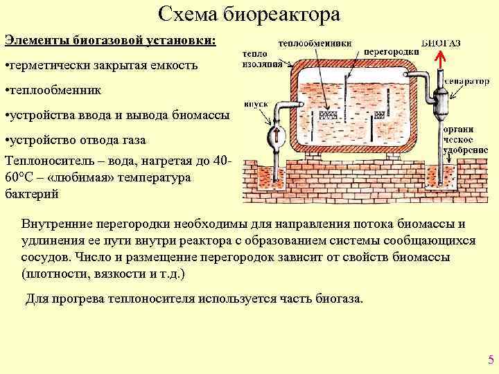 Схема биореактора Элементы биогазовой установки: • герметически закрытая емкость • теплообменник • устройства ввода