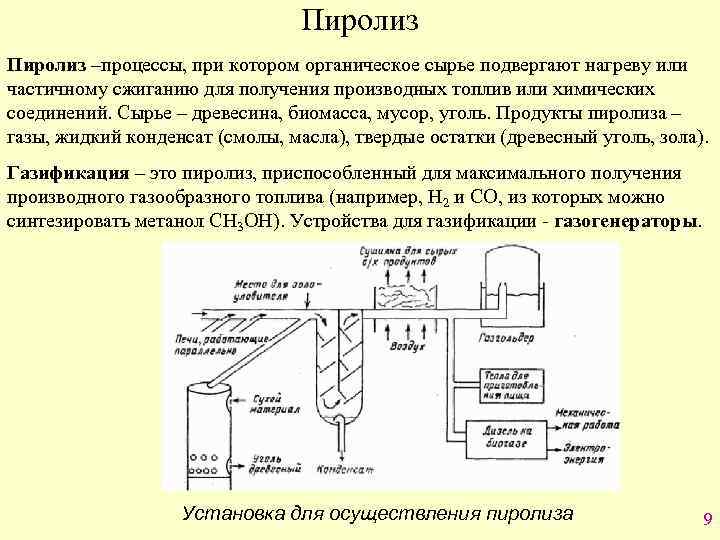 Пиролиз –процессы, при котором органическое сырье подвергают нагреву или частичному сжиганию для получения производных