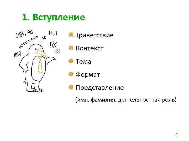 1. Вступление Приветствие Контекст Тема Формат Представление (имя, фамилия, деятельностная роль) 4 
